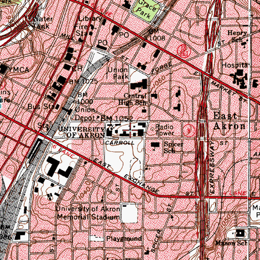 Topographic Map of Buchtel Hall, OH