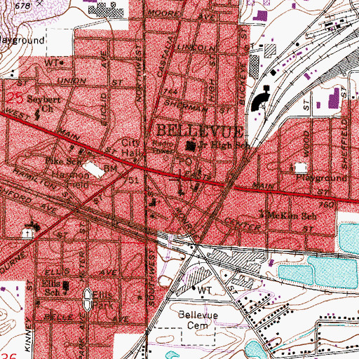 Topographic Map of Bellevue Public Library, OH