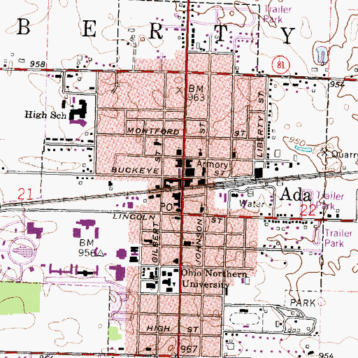 Topographic Map of Ada Town Hall, OH