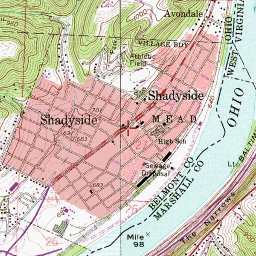 Topographic Map of Shadyside Post Office, OH