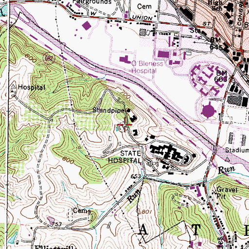 Topographic Map of The Ridges Cemetery, OH
