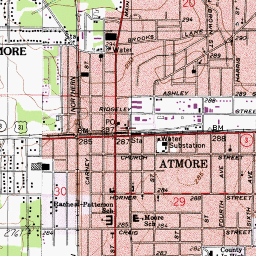 Topographic Map of Atmore City Hall, AL
