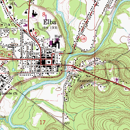 Topographic Map of J B Simmons Bridge, AL