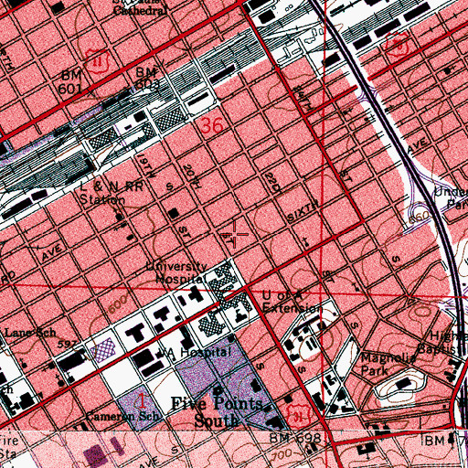 Topographic Map of Kirklin Clinic at University of Alabama Birmingham, AL
