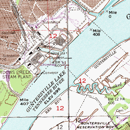 Topographic Map of Widows Bar Lock and Dam (historical), AL