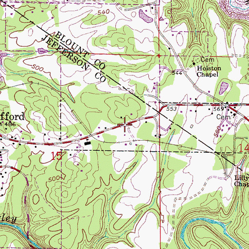 Topographic Map of County Line Town Hall, AL
