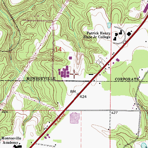 Topographic Map of Monroe County Area Vocational Center, AL