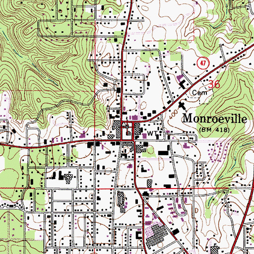 Topographic Map of Monroe County Courthouse, AL