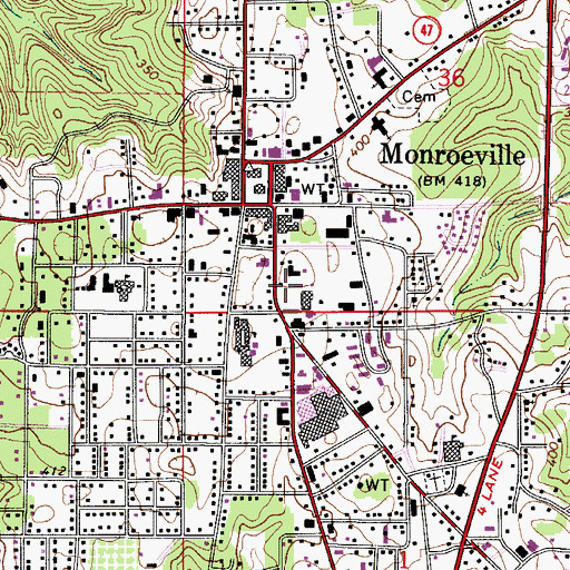 Topographic Map of Monroeville Shopping Center, AL