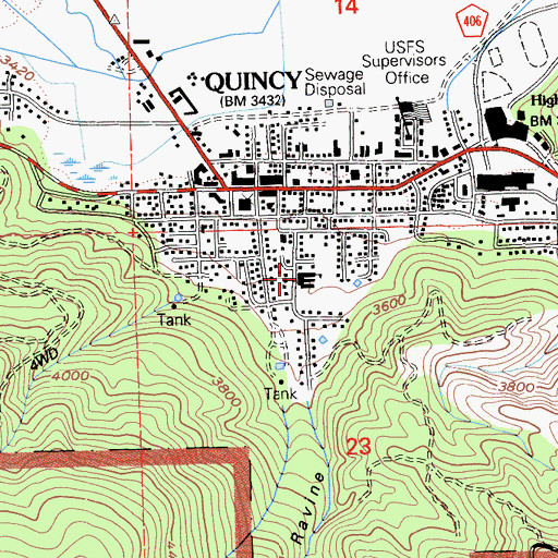 Topographic Map of Quincy Elementary School, CA