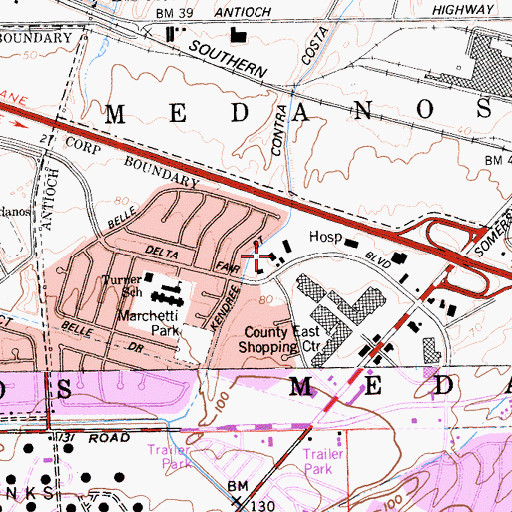 Topographic Map of Delta Square Shopping Center, CA