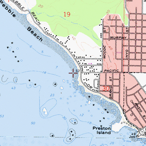 Topographic Map of Pebble Beach Public Fishing Access, CA