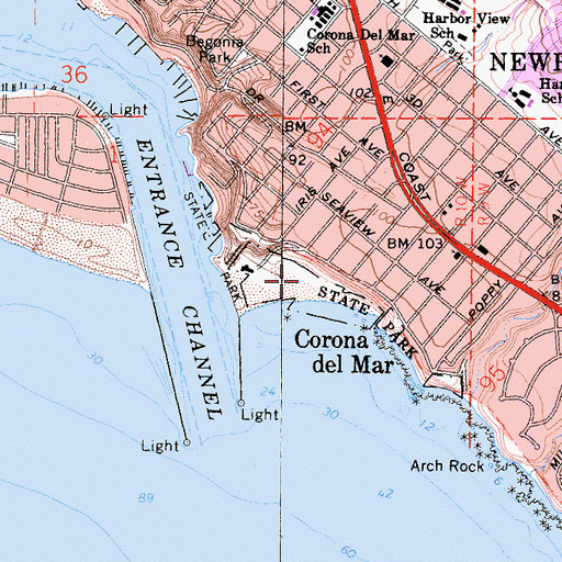 Topographic Map of Corona del Mar State Beach, CA