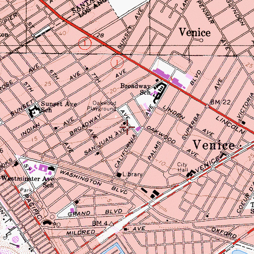 Topographic Map of Oakwood Recreation Center, CA