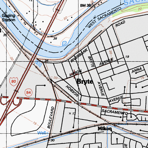 Topographic Map of Bryte Branch Broderick Post Office, CA