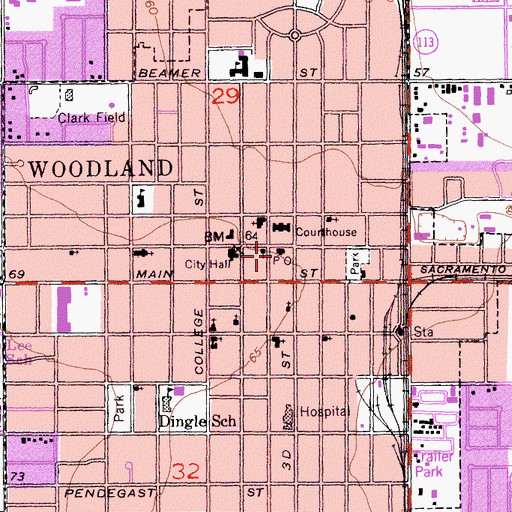 Topographic Map of Woodland Post Office, CA