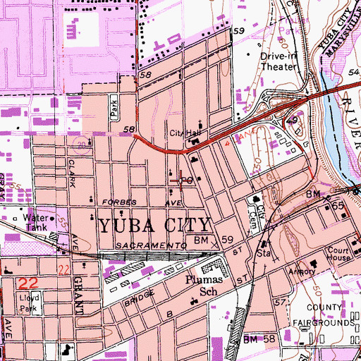 Topographic Map of Yuba City Post Office, CA