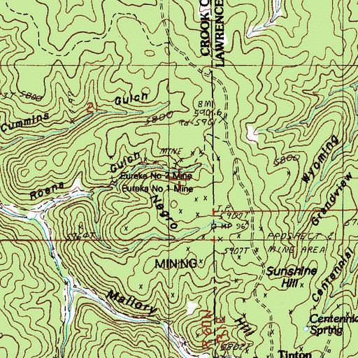 Topographic Map of Bear Gulch Placer Mine, WY