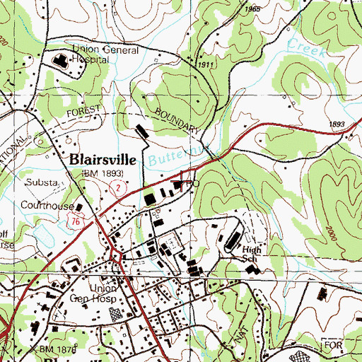 Topographic Map of Blairsville Post Office, GA