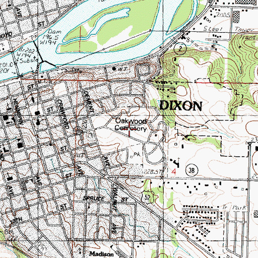 Topographic Map of Oakwood Cemetery, IL