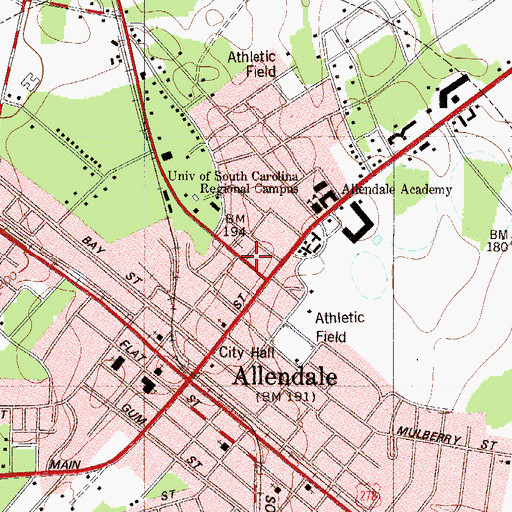 Topographic Map of Allendale War Memorial Building, SC