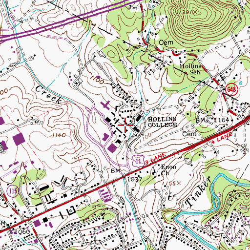 Topographic Map of Hollins College Quadrangle, VA