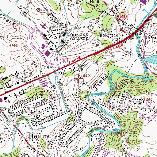 Topographic Map of Hollins Court, VA