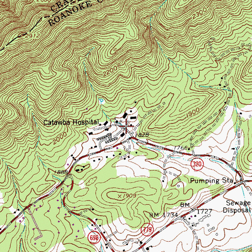Topographic Map of Roanoke Red Sulphur Springs, VA