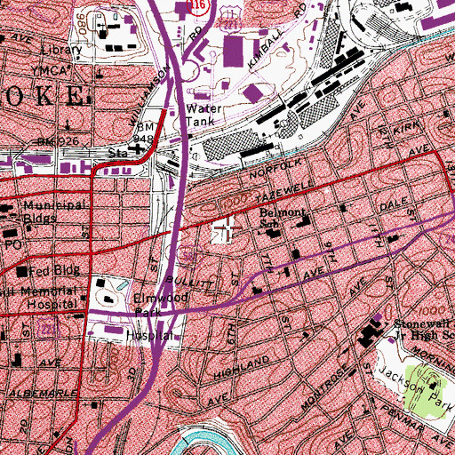Topographic Map of Roanoke City Cemetery, VA