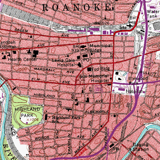 Topographic Map of Roanoke Fire - EMS Station 1 Headquarters, VA