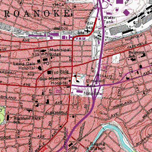 Topographic Map of Roanoke City Public Library, VA