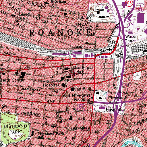 Topographic Map of Roanoke City Market Historic District, VA