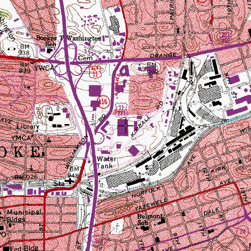 Topographic Map of Roanoke Post Office, VA