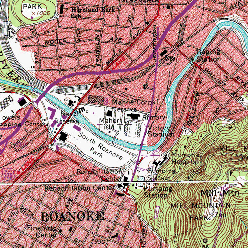 Topographic Map of Roanoke Sports Complex, VA