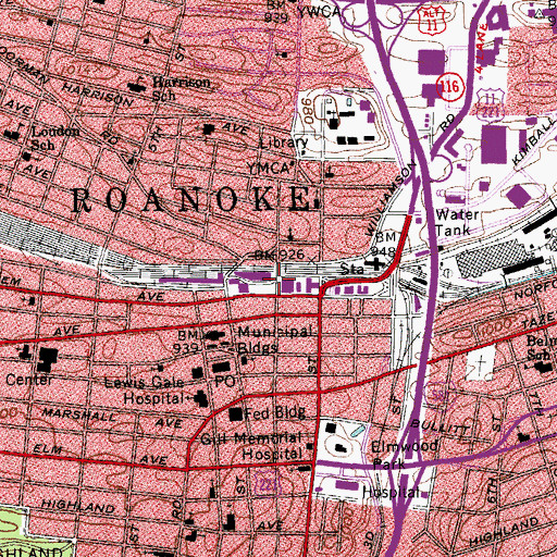 Topographic Map of Roanoke Warehouse Historic District, VA