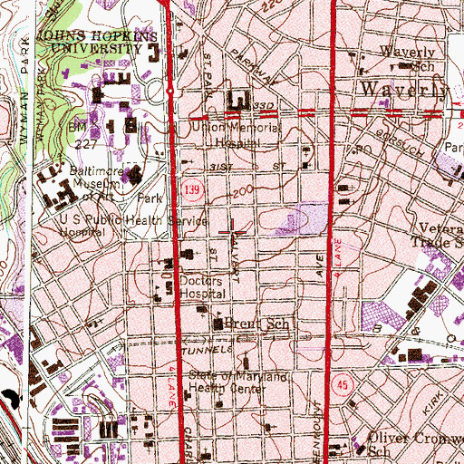 Topographic Map of Charles Village-Abell Historic District, MD