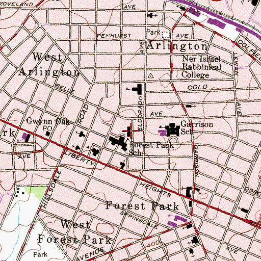 Topographic Map of Mordecai Gist Public School (historical), MD
