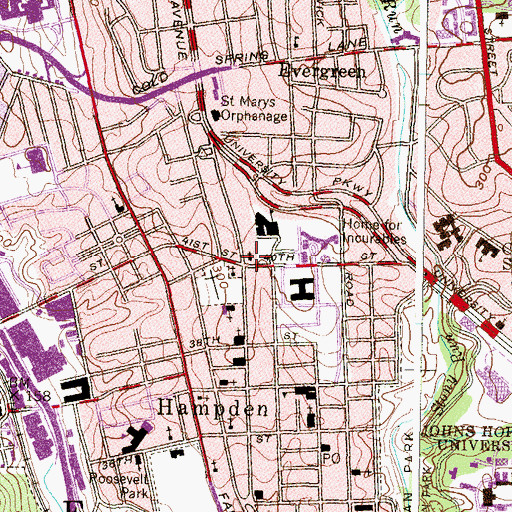Topographic Map of Roland Avenue-Evergreen United Methodist Church, MD