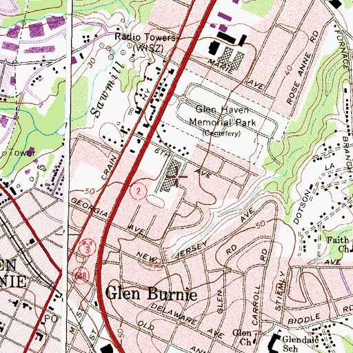 Topographic Map of Glen Burnie Plaza Shopping Center, MD