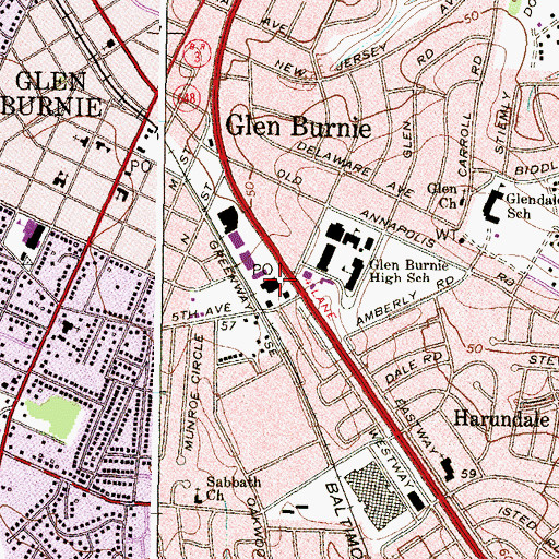 Topographic Map of Glen Burnie Post Office, MD