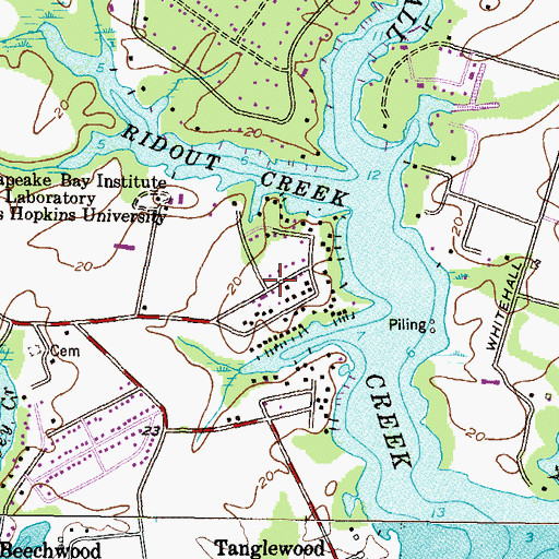 Topographic Map of Whitehall Beach, MD
