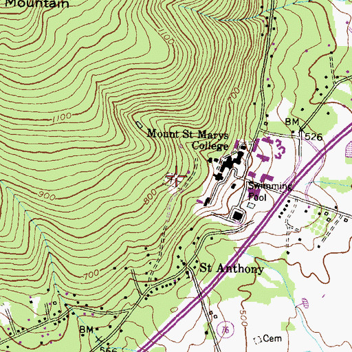 Topographic Map of Old Mount Saint Marys Cemetery, MD