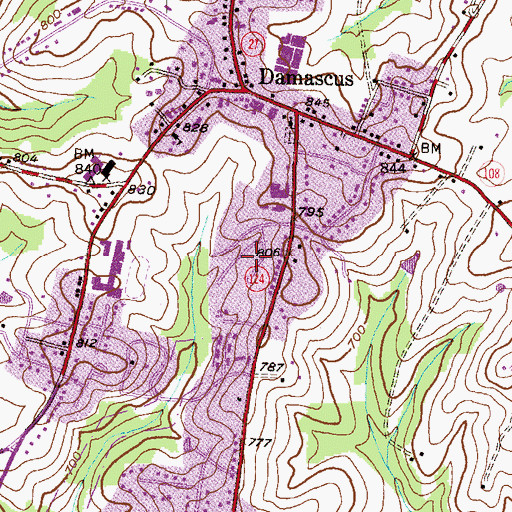 Topographic Map of Damascus Gardens, MD
