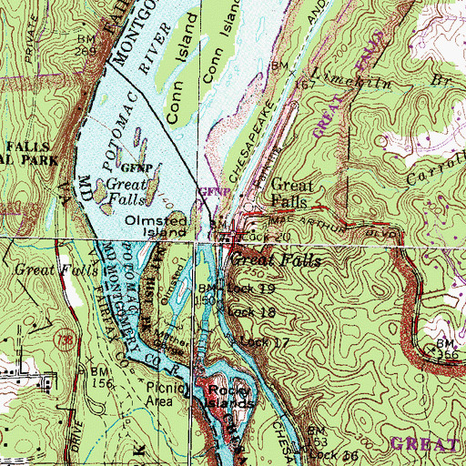 Topographic Map of Great Falls Tavern Visitor Center, MD