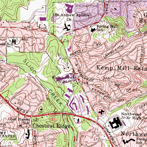 Topographic Map of Kemp Mill Park, MD