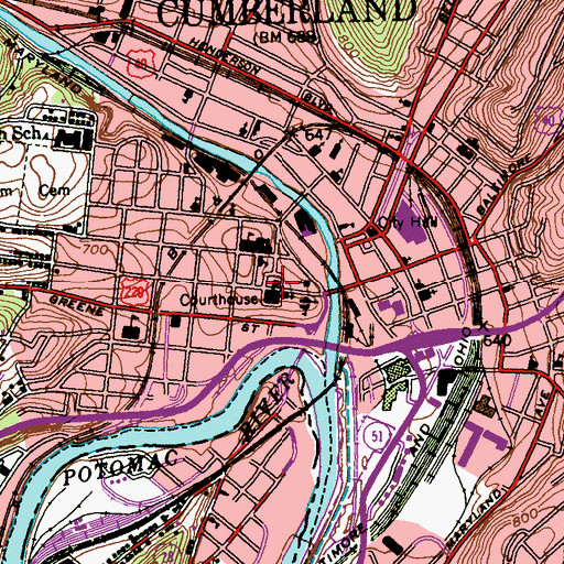 Topographic Map of Allegany County Public Library, MD