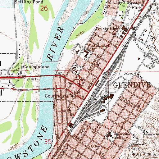 Topographic Map of Glendive Post Office, MT