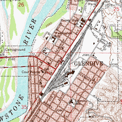 Topographic Map of Glendive, MT
