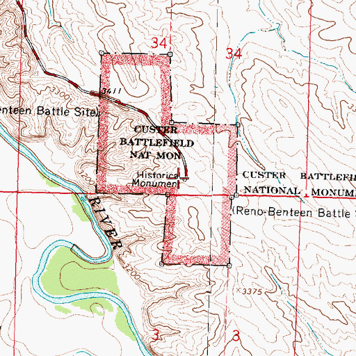 Topographic Map of Reno-Benteen Battlefield, MT