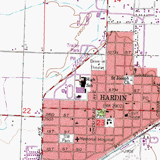Topographic Map of Hardin High School, MT
